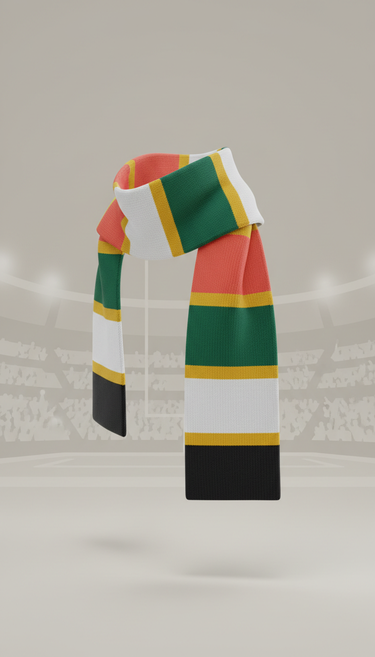 Commemorative scarf, For product shots, use a 3/4 angle to capture the detail of jerseys and fabric quality, ensuring the...
