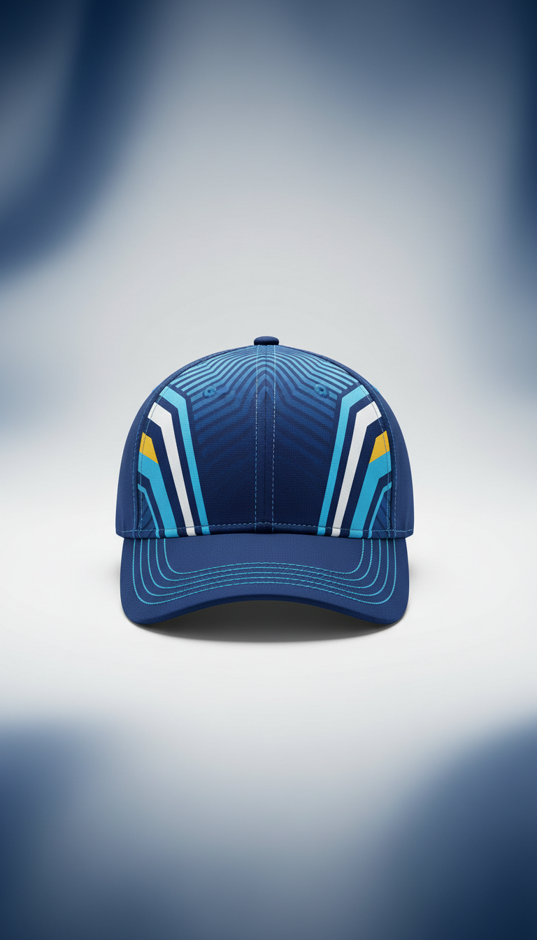 A soccer hat is meticulously centered on a clean, neutral backdrop, with elements of Champion Navy subtly integrated into...