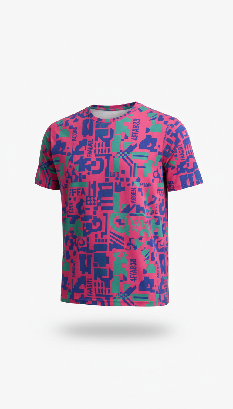 Vivid pink graphic-heavy t-shirt, Single product featured at a time, shot handheld at a slight angle (never perfectly...