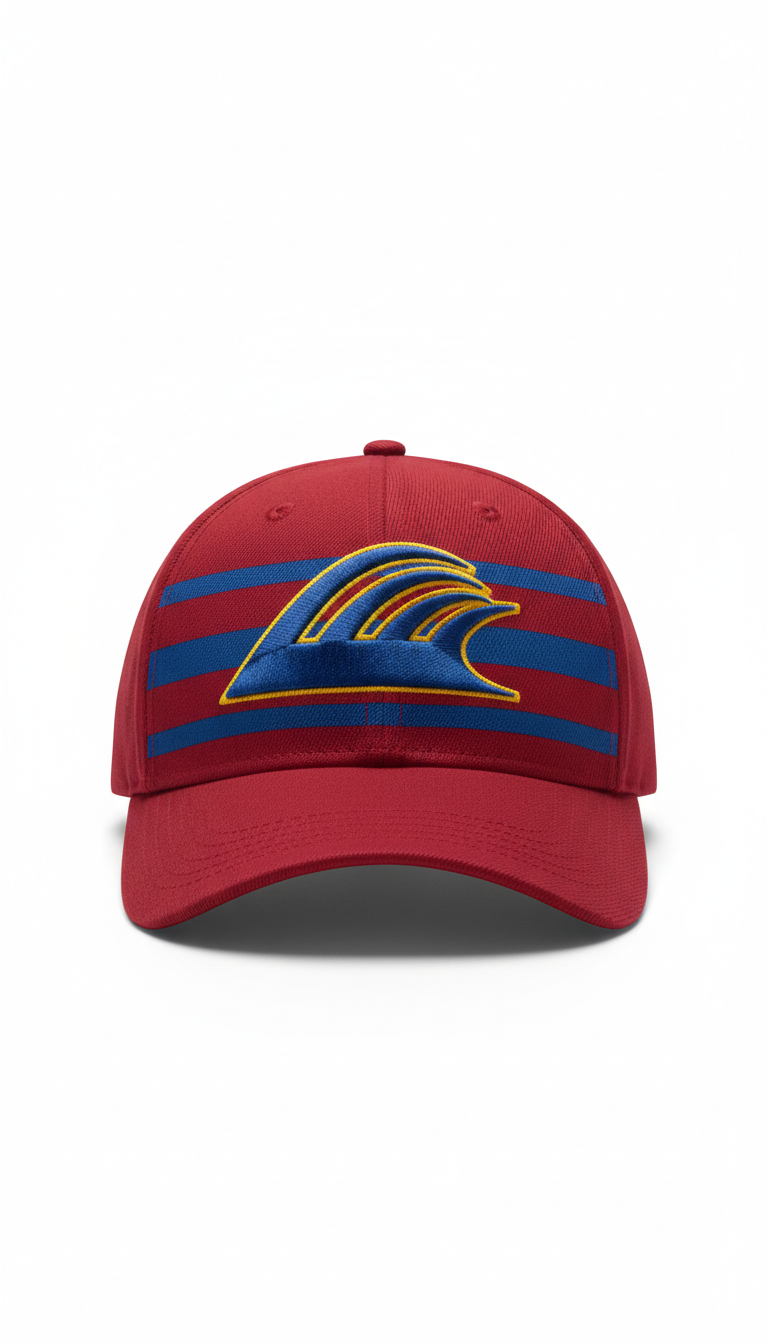 Official Red Sharks cap in red and blue, Three-quarter angle product shots against clean white or black backgrounds...