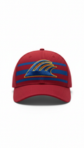 Official Red Sharks cap in red and blue, Three-quarter angle product shots against clean white or black backgrounds...