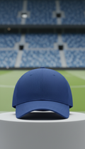 A perfectly centered, straight-on portrait of a football fan cap in 'Champion Blue' displayed against a neutral, lightly...