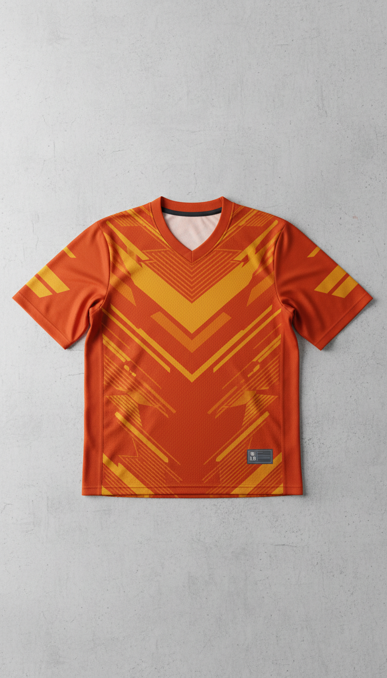A vibrant football fan jersey in 'Orange Blaze' and 'Golden Goal' tones, tailored for game-day enthusiasts. The jersey is...