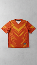 A vibrant football fan jersey in 'Orange Blaze' and 'Golden Goal' tones, tailored for game-day enthusiasts. The jersey is...